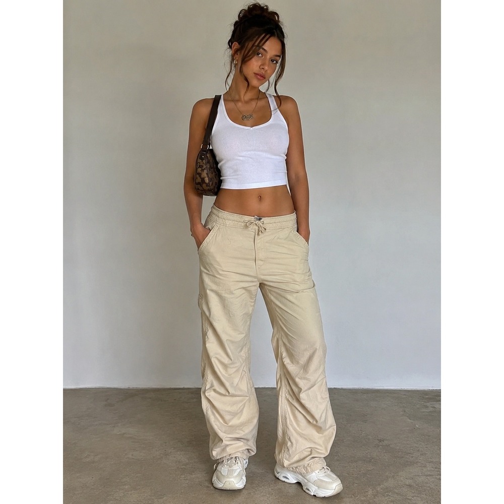 Hollister S Adjustable Rise Parachute Baggy Corduroy Pants Cream Cargo Joggers